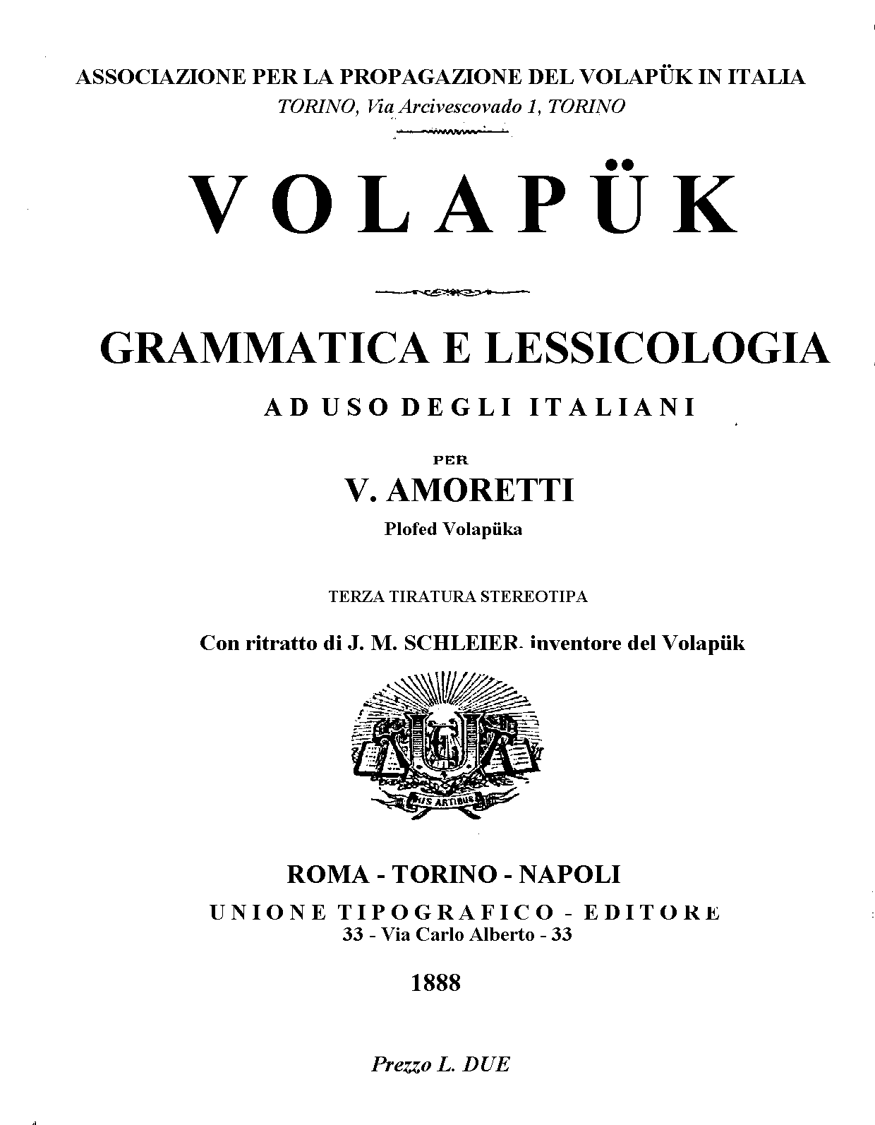 Title page of the Italian edition of the Volap&uuml;k grammar