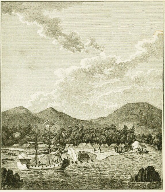 An illustration from the 1790 London edition of Benyovszky's 'Memoirs'.  This depicts the (probably fictitious) scene of the attack by the 'St Peter and St Paul' on the Formosan islanders.
