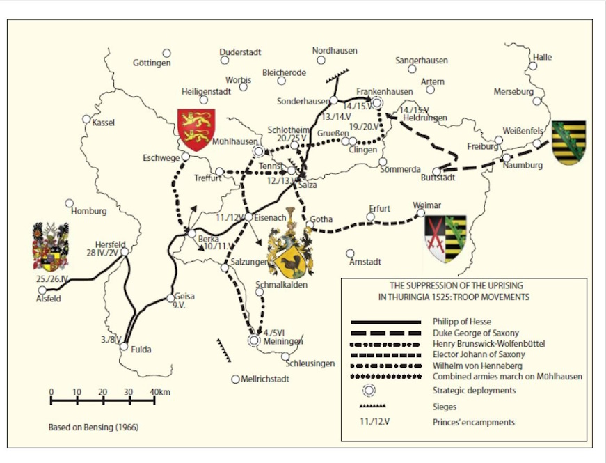 Map showing the march-routes taken by the Princes' army approaching Frankenhausen <br>(courtesy Doug Miller).