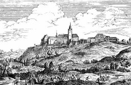 A view (from 18th or 19th century?) of the castle above the small town of Allstedt in Thuringia, where M&uuml;ntzer preached in 1523 and 1524.