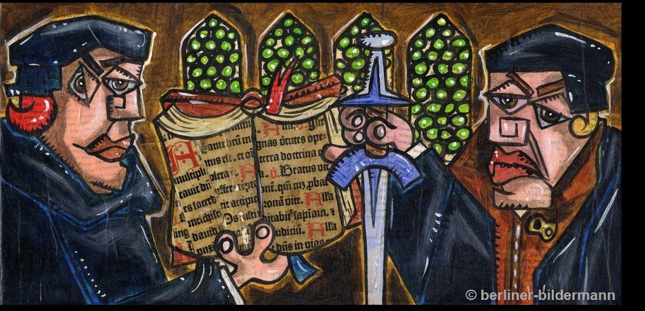 A cartoon image of Luther and M&uuml;ntzer by the Berlin artist, Stefan Klausewitz.  <br>For more information on image and artist, see the section on the artist in the underlying web-page...
