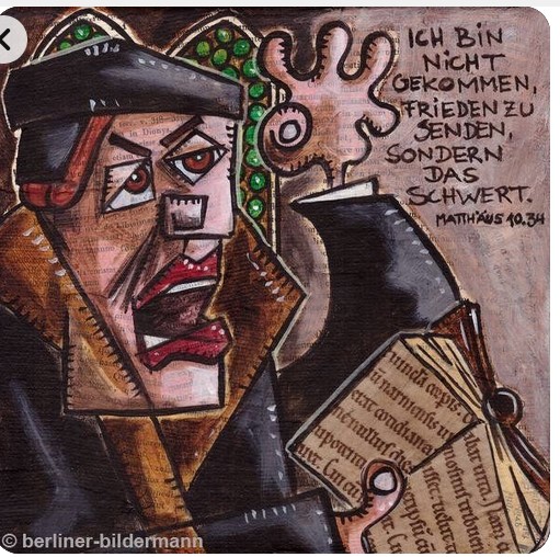 Another cartoon image of Thomas M&uuml;ntzer by the Berlin artist, Stefan Klausewitz.  <br>For more information on image and artist, see the section on the artist in the underlying web-page...