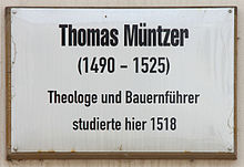 A plaque commemorating M&uuml;ntzer's stay in Wittenberg (Schlossstr. 26 - coincidentally a building also occupied much later by the electrical engineer Werner von Siemens...).