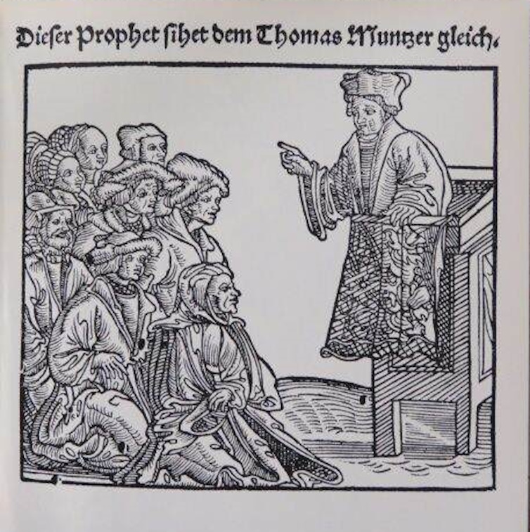 German chroniclers of an earlier era were quite happy to draw on their own creativity - here on the bottom left is an image which is captioned 'This prophet looks quite like Thomas M&uuml;ntzer'...!