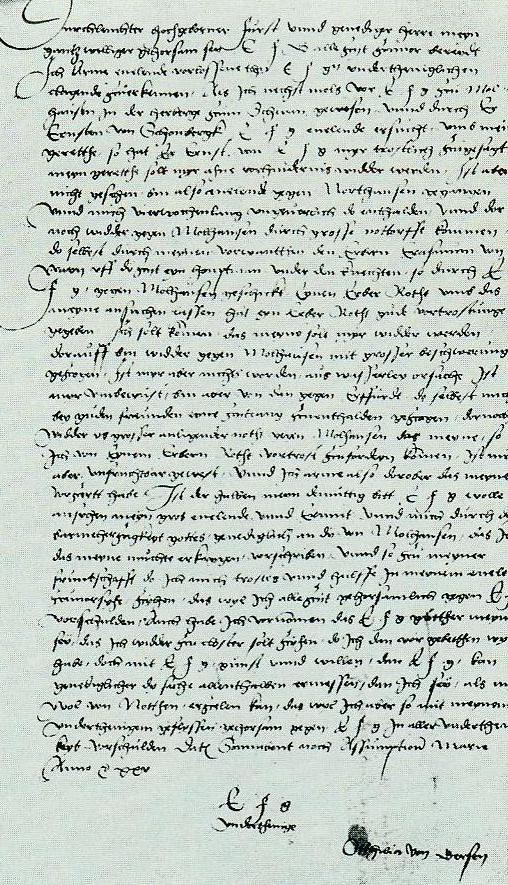 An incomplete facsimile of a letter from Ottilie von Gersen (M&uuml;ntzer`s wife) to Duke Georg, 19th August 1525.  It is not in her handwriting, but is a copy made by a contemporary secretary in the court of Landgrave Philipp of Hesse.  The first three words read 'Durchlauchter hochgebornen F&uuml;rst' - Illustrious high-born Prince...