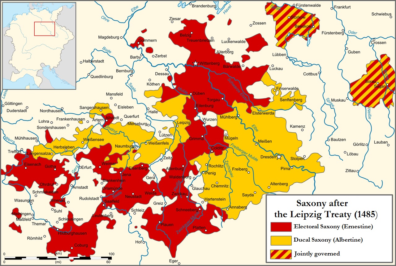 Map showing the Ernestine/Albertine split in the ruling house of Saxony, after 1485.