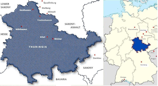 A rough map of Thuringia, indicating the location of M&uuml;ntzer's main places of activity.<br>For a more detailed map, using GoogleMaps and centred on M&uuml;hlhausen